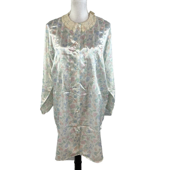 Vintage Erika Taylor Intimates Housecoat Dress Gown sz Medium Lace Collar Satin - Picture 1 of 12
